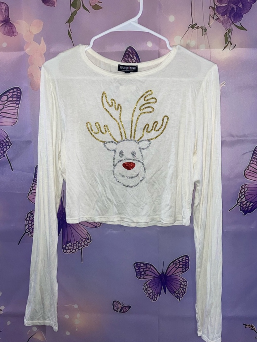 Fashion Nova White Long-Sleeve Reindeer Sequin Crop Top